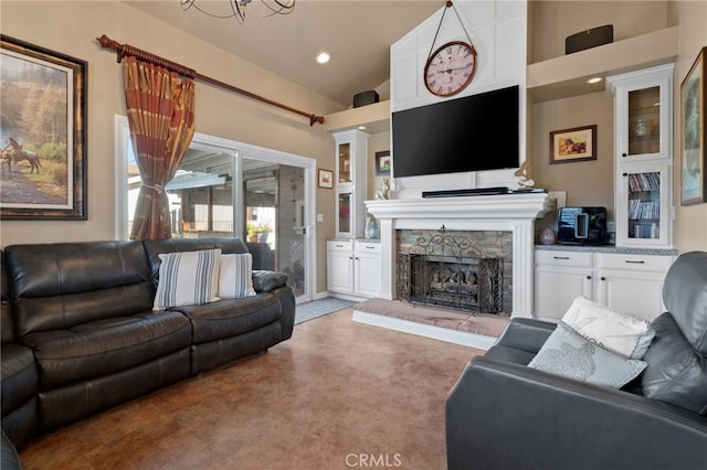 2645 S Patton Ave, San Pedro, CA 90731 - living area featuring vaulted ceiling, recessed lighting, and a stone fireplace