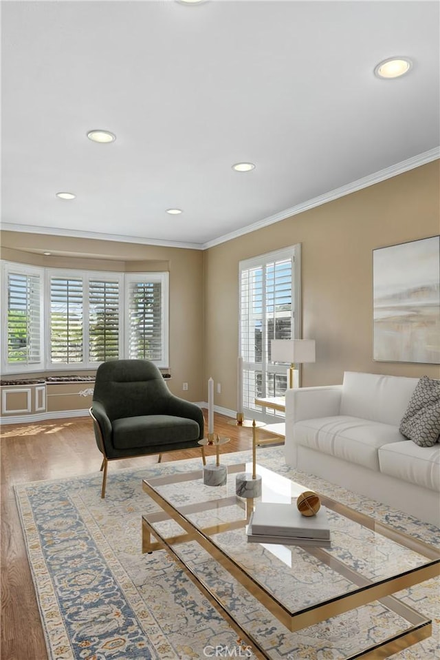 2645 S Patton Ave, San Pedro, CA 90731 - living area featuring crown molding, recessed lighting, baseboards, and wood finished floors