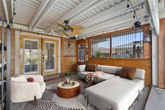 2645 S Patton Ave, San Pedro, CA 90731 - sunroom featuring a ceiling fan, beam ceiling, french doors, and an outdoor hangout area