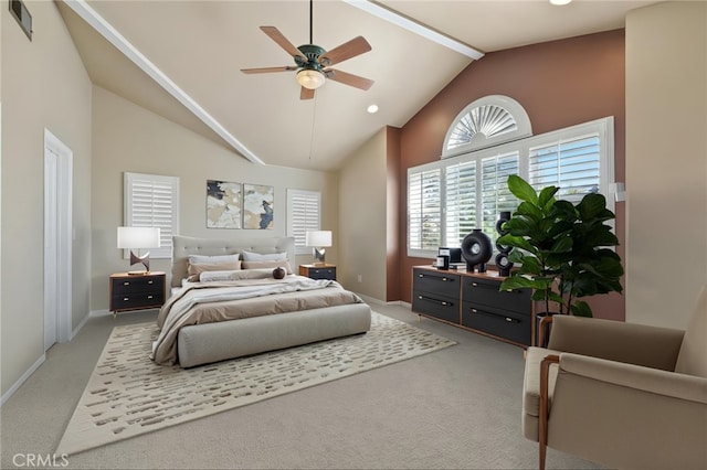 2645 S Patton Ave, San Pedro, CA 90731 - bedroom with baseboards, high vaulted ceiling, and light carpet