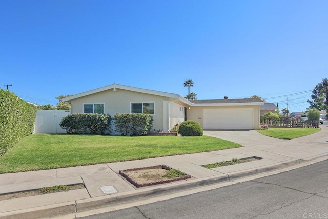 ranch-style home with a garage, a front yard, stucco siding, and fence