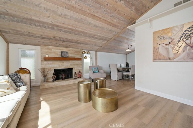 24942 Sebastian Ln, Mission Viejo, CA 92691 - living room with wood finished floors, a fireplace, baseboards, wooden ceiling, and lofted ceiling