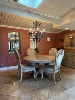 dining room featuring a chandelier, wood ceiling, and crown molding
