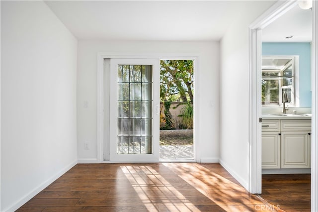 entryway featuring dark wood-style flooring, a sink, and baseboards