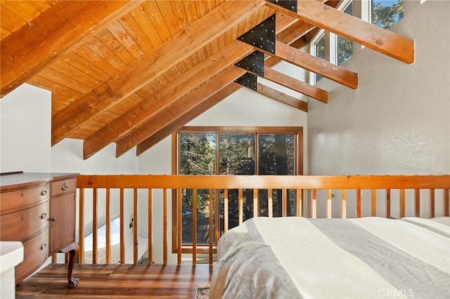 bedroom with wood finished floors, wooden ceiling, and lofted ceiling with beams
