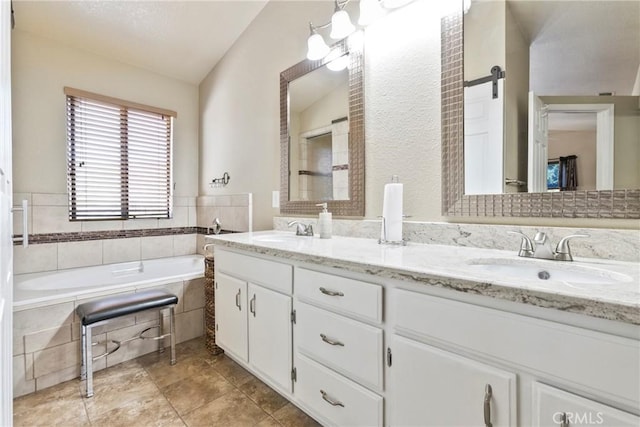 22690 Mountain View Rd, Moreno Valley, CA 92557 - bathroom with double vanity, a sink, a bath, and lofted ceiling