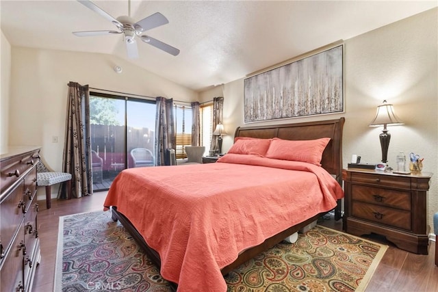 22690 Mountain View Rd, Moreno Valley, CA 92557 - bedroom featuring access to outside, a ceiling fan, wood finished floors, and lofted ceiling