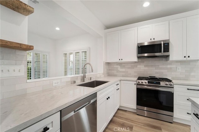 kitchen with white cabinetry, recessed lighting, a sink, stainless steel appliances, and decorative backsplash