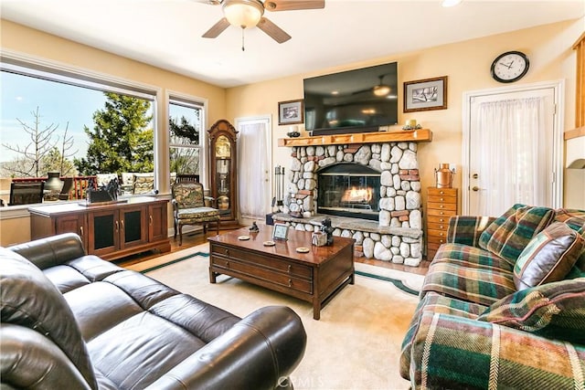 1251 Kodiak Dr, Lake Arrowhead, CA 92352 - living room with a fireplace and a ceiling fan