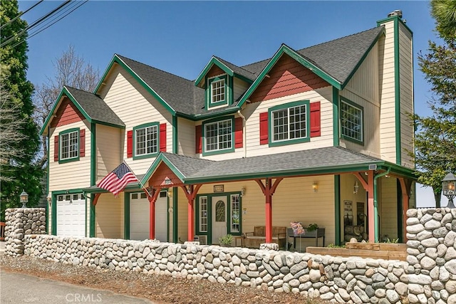 1251 Kodiak Dr, Lake Arrowhead, CA 92352 - view of front of property with a garage, a chimney, a porch, and a shingled roof