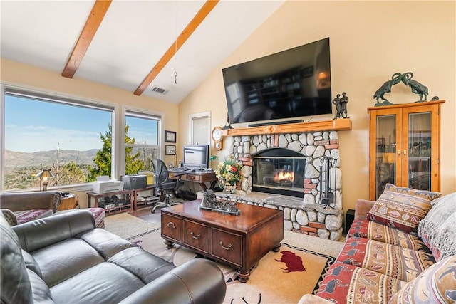 1251 Kodiak Dr, Lake Arrowhead, CA 92352 - living area featuring a fireplace, beam ceiling, an office area, and high vaulted ceiling