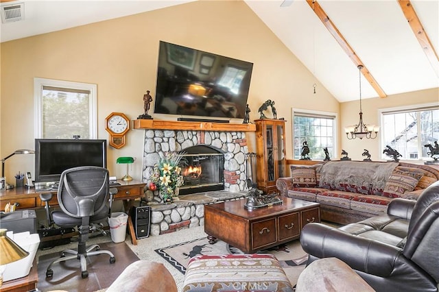 1251 Kodiak Dr, Lake Arrowhead, CA 92352 - living room with a chandelier, high vaulted ceiling, an office area, and a stone fireplace