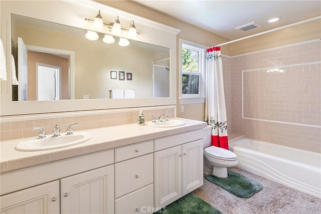 1251 Kodiak Dr, Lake Arrowhead, CA 92352 - full bath with shower / bathtub combination with curtain, double vanity, and toilet
