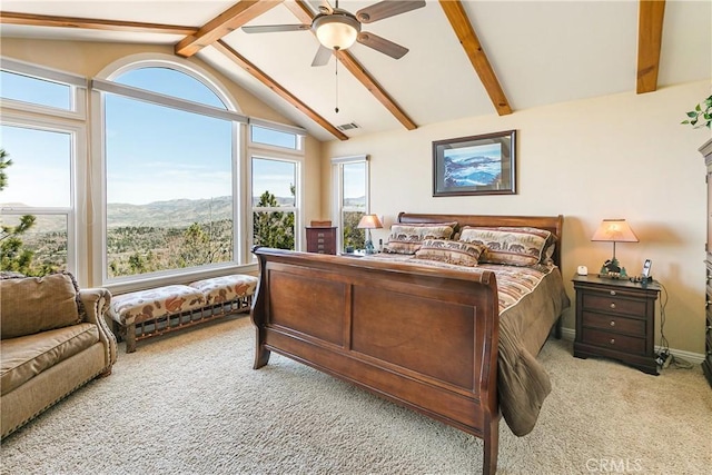 1251 Kodiak Dr, Lake Arrowhead, CA 92352 - bedroom with visible vents, ceiling fan, vaulted ceiling with beams, and light colored carpet