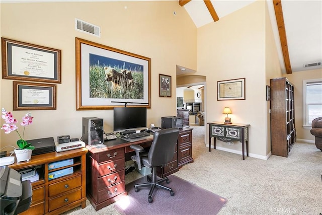 1251 Kodiak Dr, Lake Arrowhead, CA 92352 - home office with arched walkways, light colored carpet, baseboards, high vaulted ceiling, and beamed ceiling