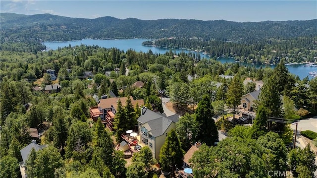 1251 Kodiak Dr, Lake Arrowhead, CA 92352 - drone / aerial view of a heavily wooded area and a water and mountain view