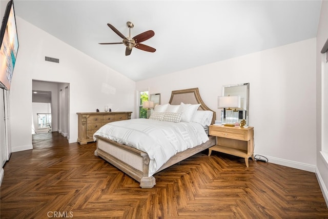 bedroom featuring baseboards, high vaulted ceiling, and a ceiling fan