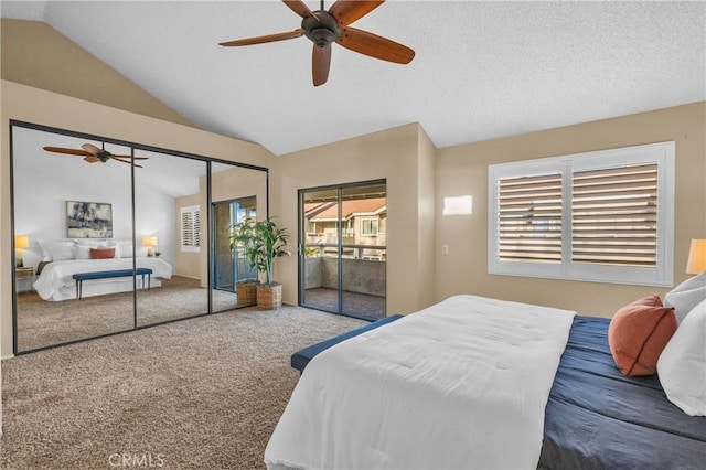 bedroom featuring carpet floors, access to exterior, multiple windows, and vaulted ceiling