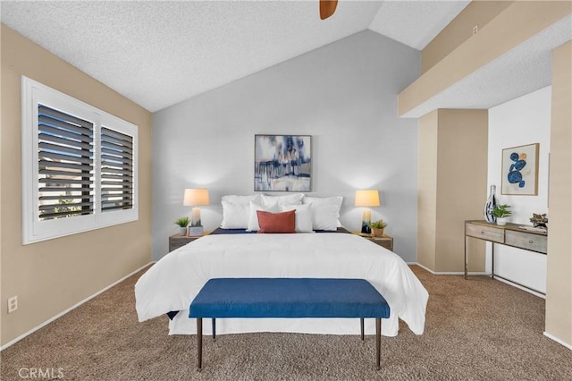 carpeted bedroom with baseboards, a ceiling fan, vaulted ceiling, and a textured ceiling