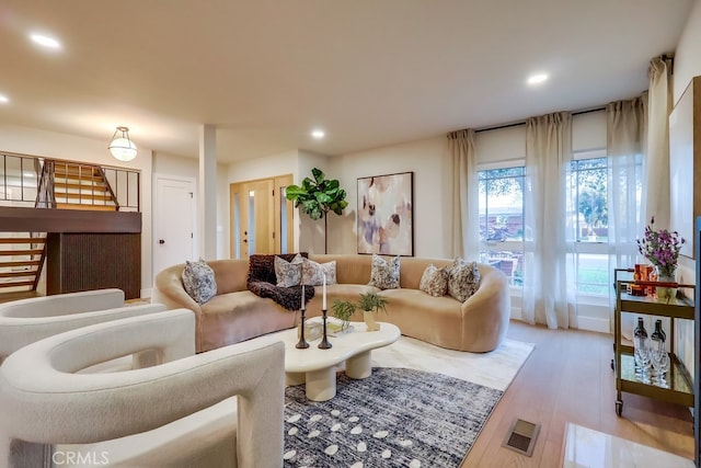4903 Spencer St, Torrance, CA 90503 - living area with recessed lighting, visible vents, stairs, and wood finished floors