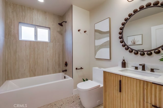 4903 Spencer St, Torrance, CA 90503 - bathroom with speckled floor, toilet, shower / bath combination, and vanity