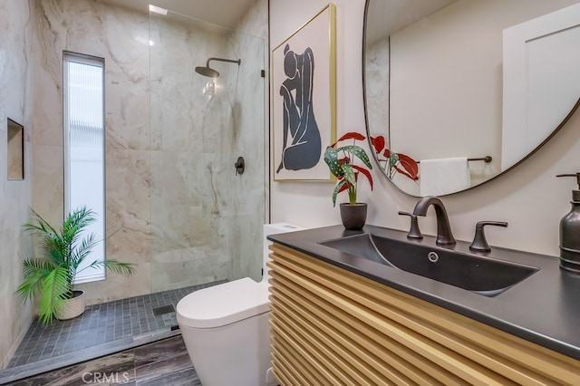 4903 Spencer St, Torrance, CA 90503 - bathroom featuring toilet, a marble finish shower, and vanity