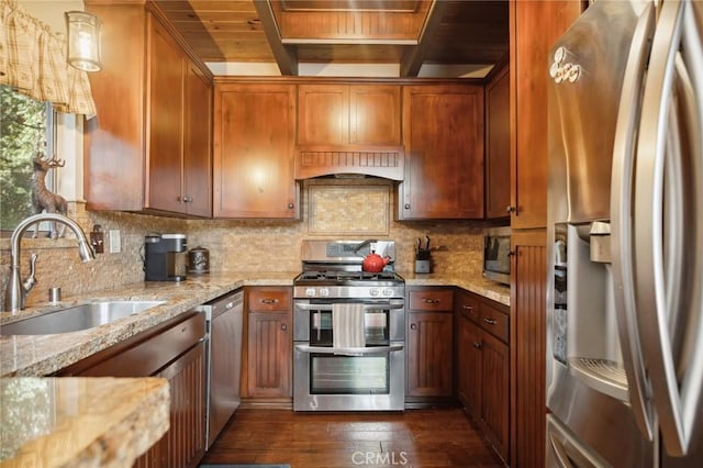 229 Chippewa Ln, Lake Arrowhead, CA 92352 - kitchen featuring custom exhaust hood, a sink, appliances with stainless steel finishes, dark wood finished floors, and light stone countertops