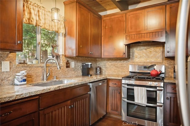 229 Chippewa Ln, Lake Arrowhead, CA 92352 - kitchen with custom range hood, light stone countertops, a sink, and appliances with stainless steel finishes