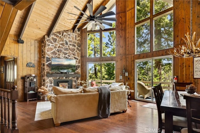 229 Chippewa Ln, Lake Arrowhead, CA 92352 - living area featuring wood walls, high vaulted ceiling, and wooden ceiling