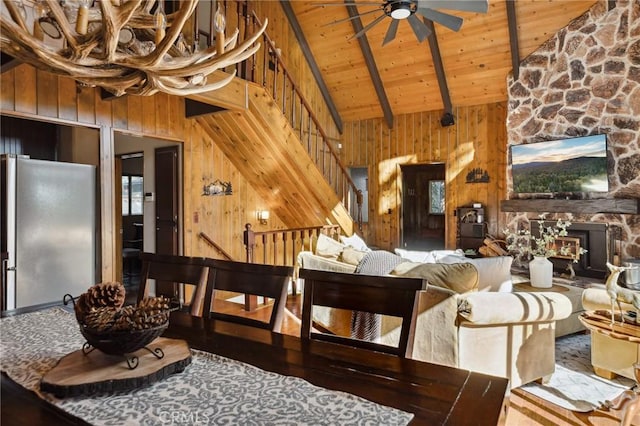 229 Chippewa Ln, Lake Arrowhead, CA 92352 - living area with wooden ceiling, a wood stove, a ceiling fan, wooden walls, and beamed ceiling