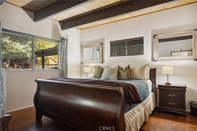 229 Chippewa Ln, Lake Arrowhead, CA 92352 - bedroom featuring dark wood-style flooring, beam ceiling, baseboards, and wooden ceiling