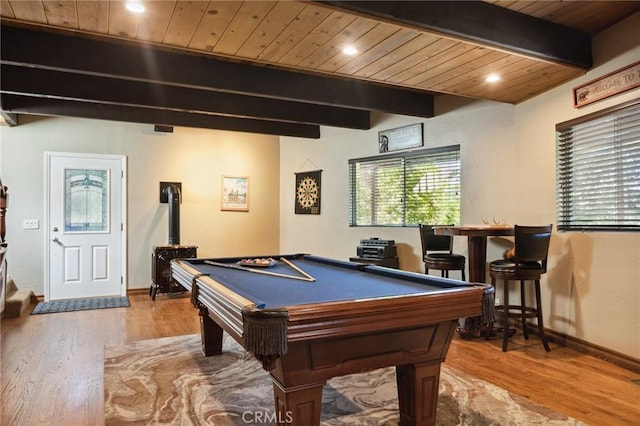 229 Chippewa Ln, Lake Arrowhead, CA 92352 - playroom with a wood stove, wood ceiling, beam ceiling, wood finished floors, and pool table