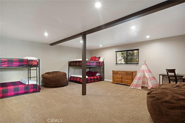 229 Chippewa Ln, Lake Arrowhead, CA 92352 - carpeted bedroom featuring beamed ceiling, baseboards, and recessed lighting