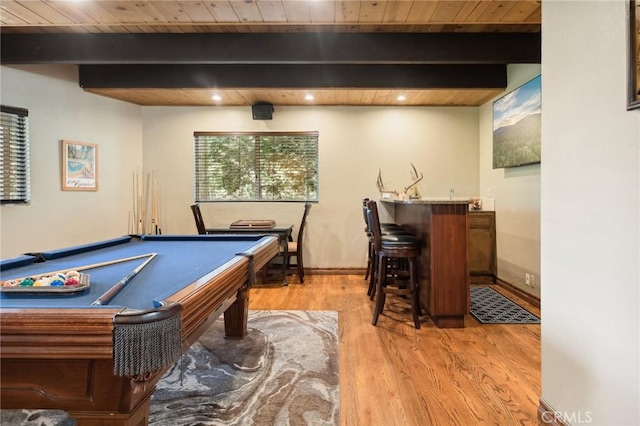 229 Chippewa Ln, Lake Arrowhead, CA 92352 - game room featuring beamed ceiling, a dry bar, light wood-type flooring, and wooden ceiling