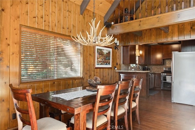 229 Chippewa Ln, Lake Arrowhead, CA 92352 - dining area featuring wooden walls, beam ceiling, a notable chandelier, and dark wood-style floors