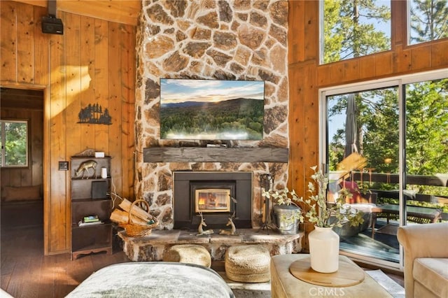 229 Chippewa Ln, Lake Arrowhead, CA 92352 - living area featuring wood walls, high vaulted ceiling, and hardwood / wood-style floors