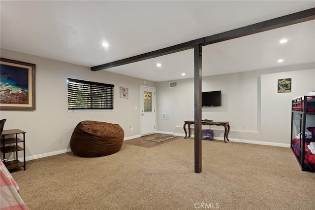 229 Chippewa Ln, Lake Arrowhead, CA 92352 - interior space featuring recessed lighting, visible vents, baseboards, and beamed ceiling