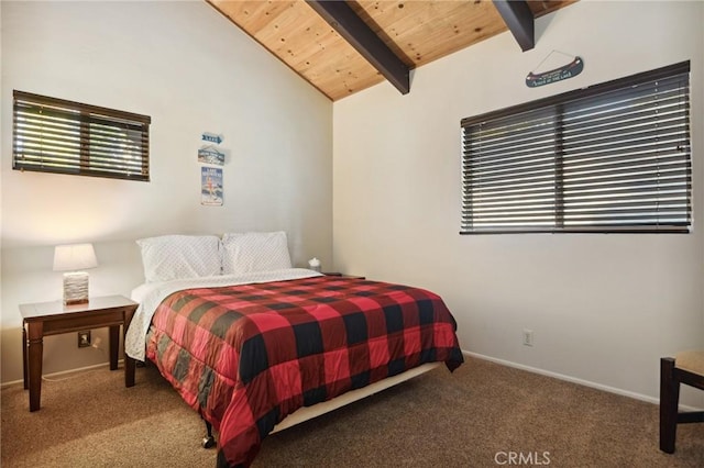 229 Chippewa Ln, Lake Arrowhead, CA 92352 - bedroom featuring baseboards, lofted ceiling with beams, carpet floors, multiple windows, and wooden ceiling