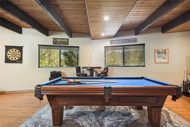229 Chippewa Ln, Lake Arrowhead, CA 92352 - rec room featuring billiards, a wealth of natural light, wood finished floors, and wood ceiling