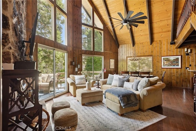 229 Chippewa Ln, Lake Arrowhead, CA 92352 - living area with wood ceiling, wooden walls, beamed ceiling, wood-type flooring, and high vaulted ceiling
