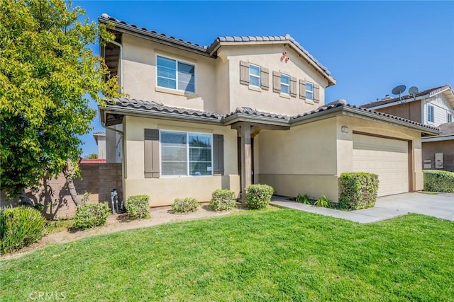 view of front of property with concrete driveway, a front yard, stucco siding, and an attached garage