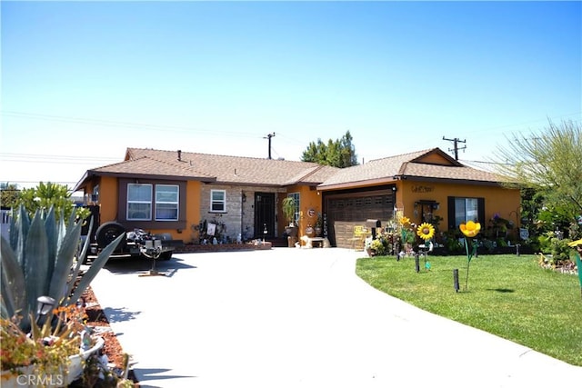 ranch-style house with a front yard, an attached garage, concrete driveway, and stucco siding