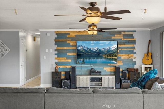 88611/2 Los Coches Rd, Lakeside, CA 92040 - living area featuring baseboards, ornamental molding, and a ceiling fan