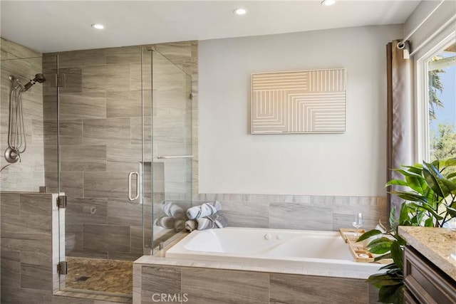 88611/2 Los Coches Rd, Lakeside, CA 92040 - bathroom with a stall shower, recessed lighting, a garden tub, and vanity