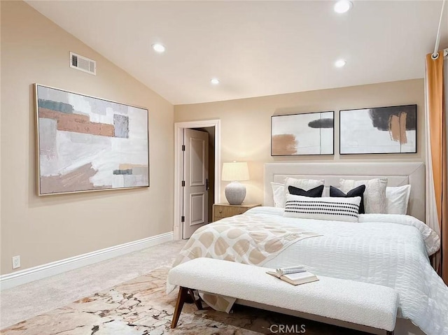 carpeted bedroom featuring recessed lighting, visible vents, baseboards, and lofted ceiling