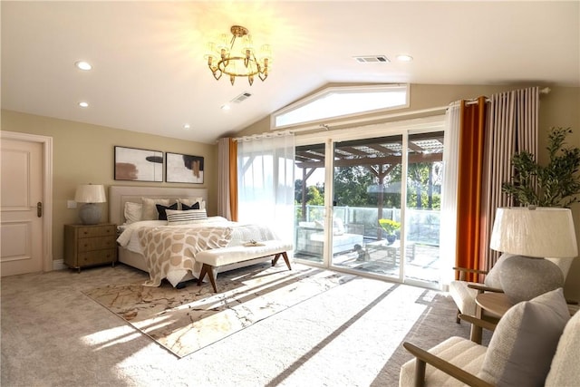 carpeted bedroom with access to outside, visible vents, a notable chandelier, and lofted ceiling