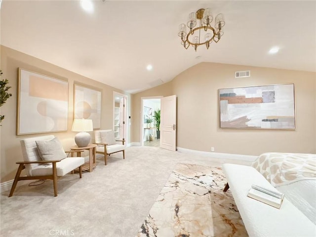 sitting room featuring visible vents, baseboards, recessed lighting, carpet flooring, and lofted ceiling