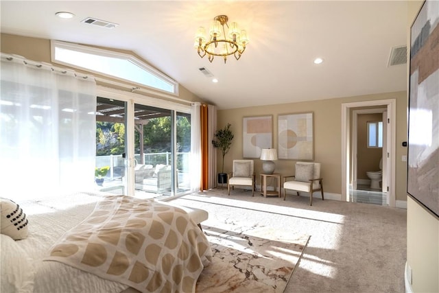 bedroom with an inviting chandelier, access to outside, vaulted ceiling, and visible vents
