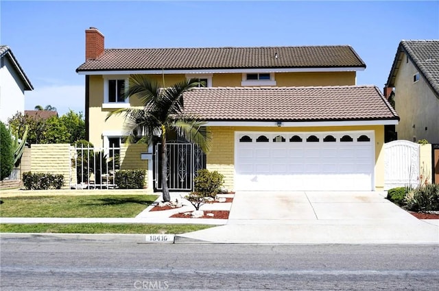 18410 Alexander Ave, Cerritos, CA 90703 - view of front of house with a tile roof, driveway, a chimney, a gate, and stucco siding