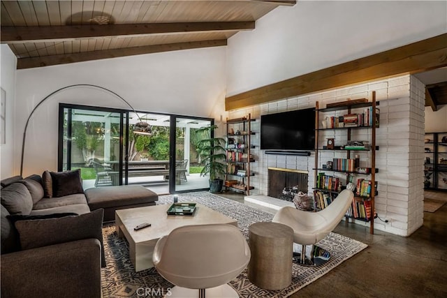 22335 Tiara St, Woodland Hills, CA 91367 - living room with wood ceiling, vaulted ceiling with beams, and a fireplace with raised hearth